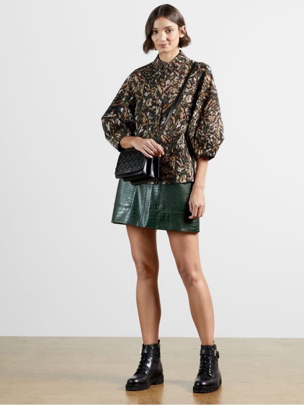 Ted Baker Evrett Lantern Sleeve Shirt Khaki Abstract Print Women Size 10